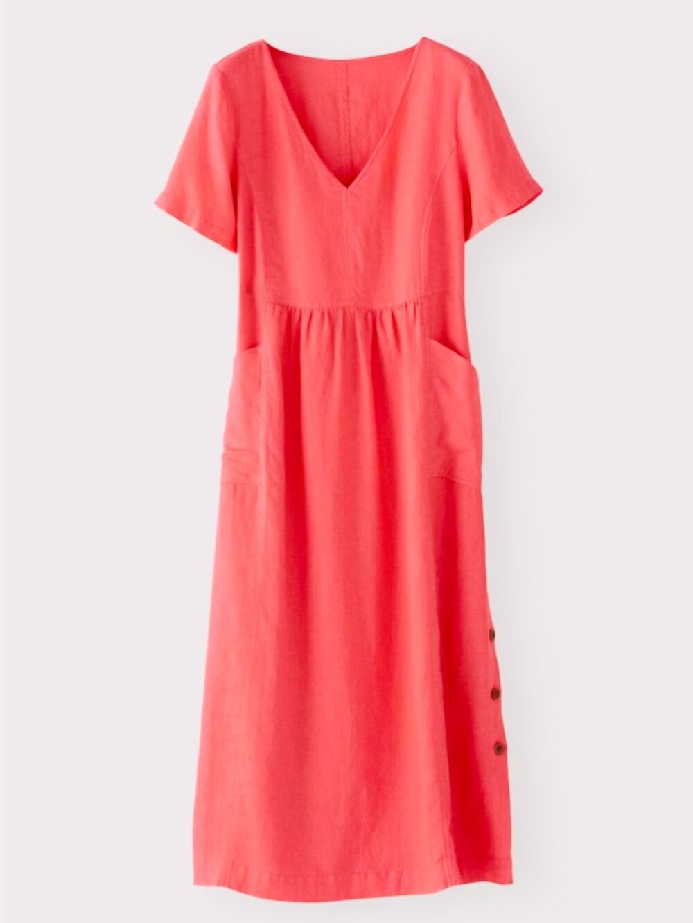 POETRY Short Sleeve V-Neck Garment-Dyed Linen Dress - Coral Red - Size 12